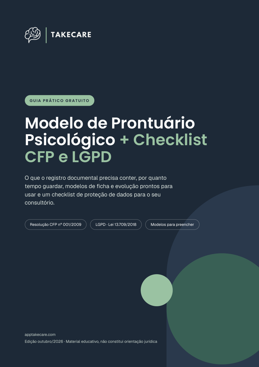 Capa do guia prático gratuito Modelo de Prontuário Psicológico + Checklist CFP e LGPD, edição de outubro de 2026.